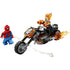 LEGO Marvel Spider-Man vs Ghost Rider motorcycle toy in black and dark gray plastic with translucent orange flame elements, chunky treaded wheels, low chopper-style frame, and web accessory, shown on a white background.