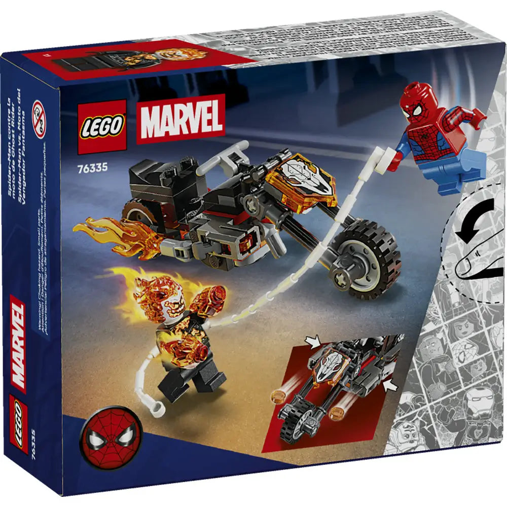 LEGO Marvel Spider-Man vs Ghost Rider Motorcycle box back showing web-slinging action, flame effects, motorcycle details, and multiple play scenarios illustrated across glossy retail packaging graphics.