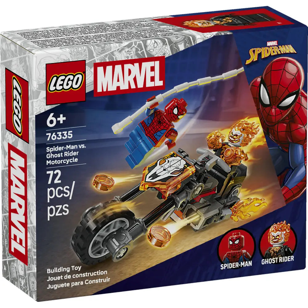 LEGO Marvel Spider-Man vs Ghost Rider Motorcycle box front in glossy cardboard, featuring the flaming black motorcycle chase scene, age 6+ label, piece count, Spider-Man branding, and Marvel retail packaging artwork.