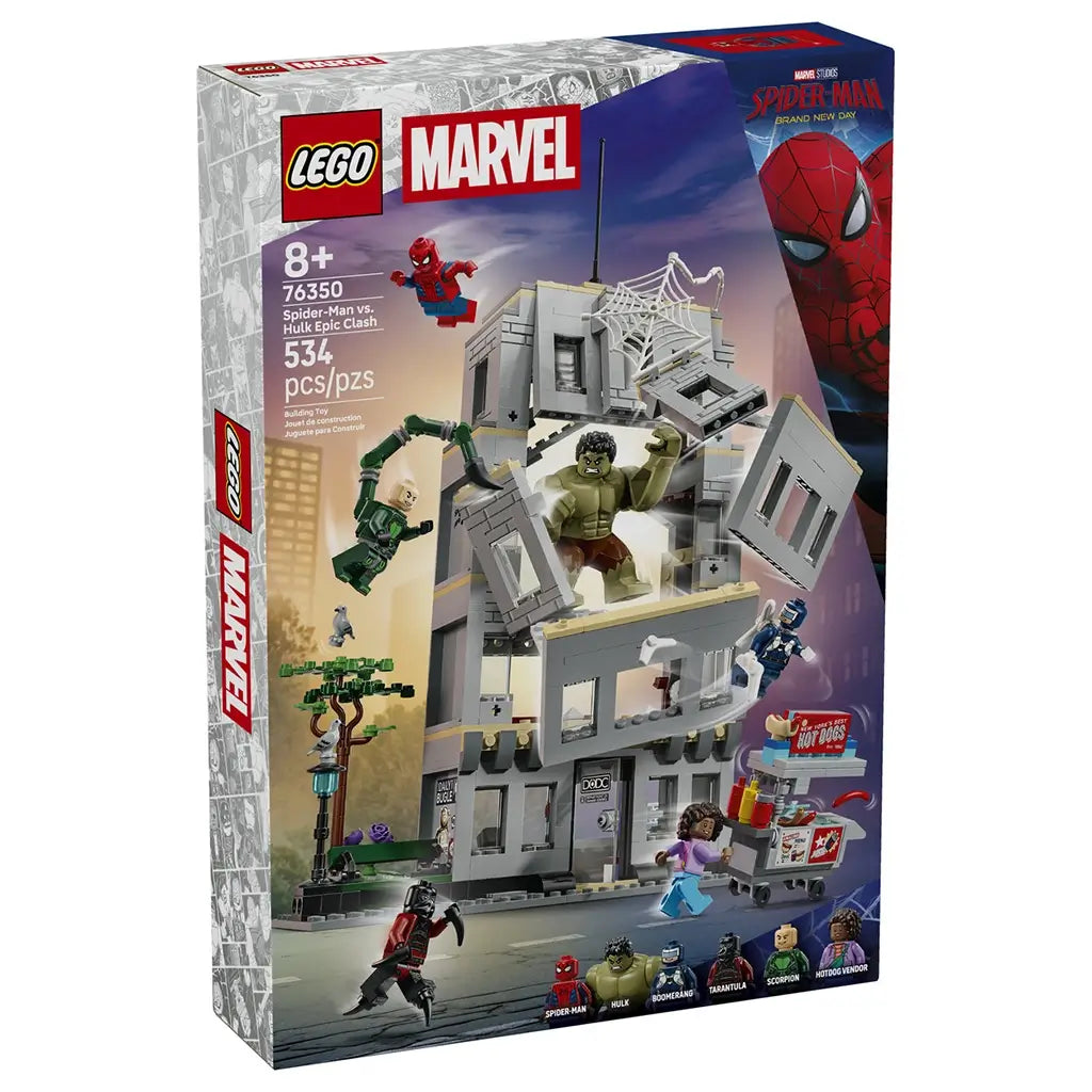 LEGO Marvel Spider-Man vs. Hulk Epic Clash set, gray plastic city building with opening walls, superhero action features, Hulk and Spider-Man minifigures, plus street scene artwork on retail packaging.