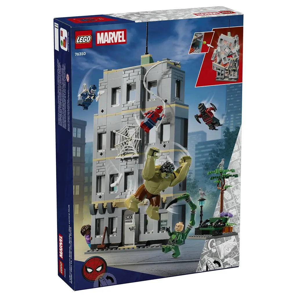 LEGO Marvel Spider-Man vs. Hulk Epic Clash box, blue and gray printed cardboard packaging featuring a city building battle scene, superhero characters and play features shown from the back.