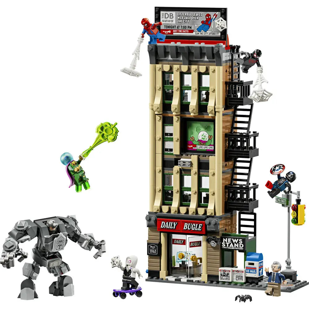 LEGO Marvel Daily Bugle modular building features tan and dark gray plastic walls, stacked rectangular floors, and detailed city elements, showing Spider-Man battling villains around the iconic newspaper headquarters.