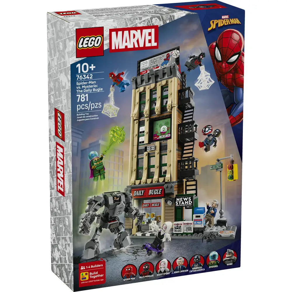 LEGO Marvel Spider-Man Daily Bugle box front displays a tall tan building with black fire escapes, street-level details, villain action scenes, Marvel branding, age range, and piece count.