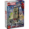 LEGO Marvel Spider-Man Daily Bugle box front displays a tall tan building with black fire escapes, street-level details, villain action scenes, Marvel branding, age range, and piece count.