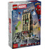 LEGO Marvel Spider-Man Daily Bugle box front displays a tall tan building with black fire escapes, street-level details, villain action scenes, Marvel branding, age range, and piece count.