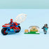LEGO Marvel Spidey motorcycle and pizza oven display built from red, blue, tan, and gray bricks, featuring Spider-Man and Rhino minifigures posed on a light blue background for finished model showcase.