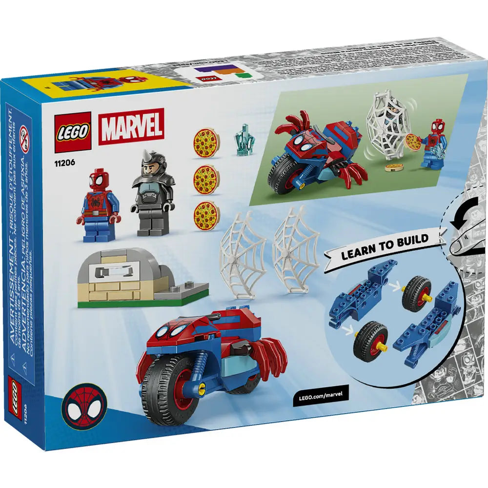 LEGO Marvel product package back showing build details, included minifigures, web accessories, motorcycle components, and step-by-step play features illustrated against a clean instructional layout.