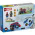 LEGO Marvel product package back showing build details, included minifigures, web accessories, motorcycle components, and step-by-step play features illustrated against a clean instructional layout.