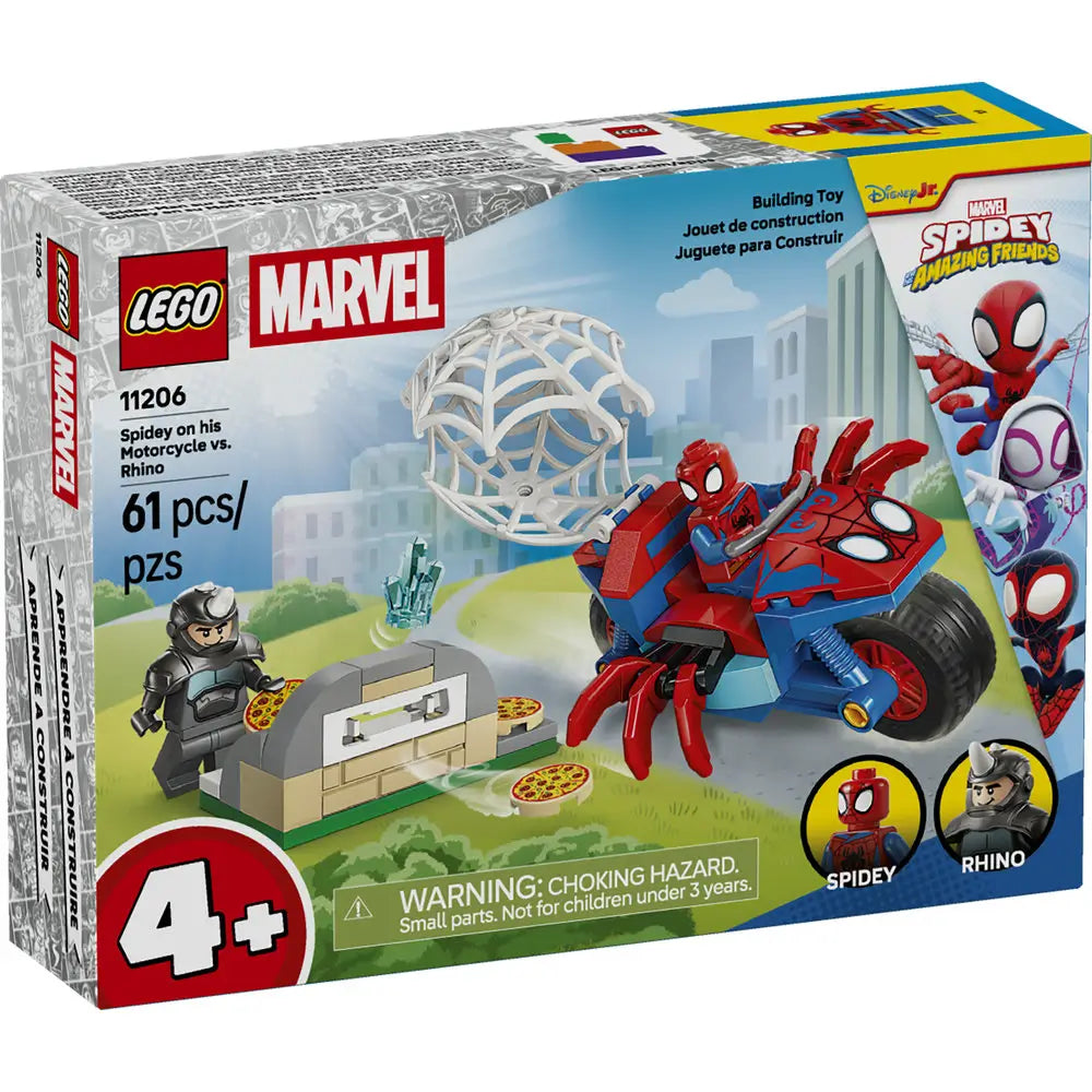 LEGO Marvel Spidey and His Amazing Friends building toy box with bright blue packaging, showing Spider-Man on a web-launching motorcycle battling Rhino, product details, age rating, and city backdrop artwork.