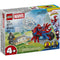 LEGO Marvel Spidey and His Amazing Friends building toy box with bright blue packaging, showing Spider-Man on a web-launching motorcycle battling Rhino, product details, age rating, and city backdrop artwork.