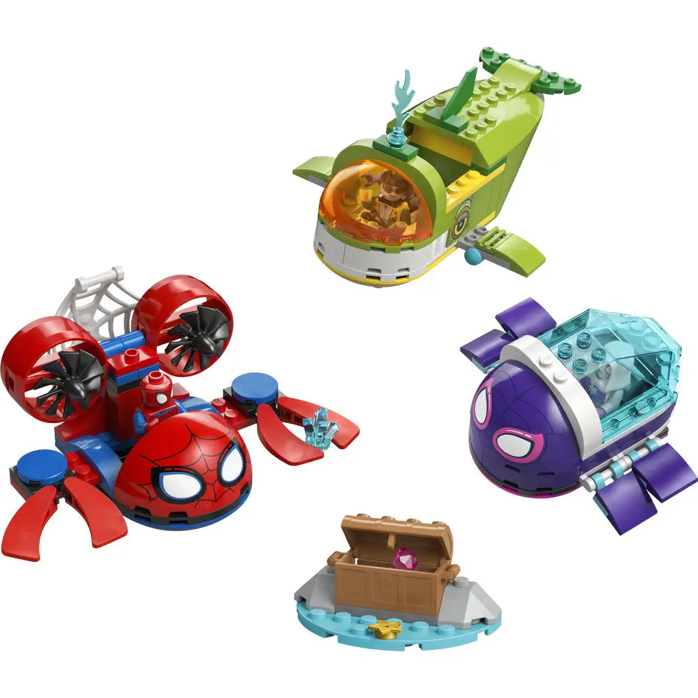 LEGO Marvel Spidey underwater vehicles set features red, green, and purple plastic mini submarines with smooth rounded shapes, clear domes, and propeller details designed for imaginative underwater superhero play scenes.