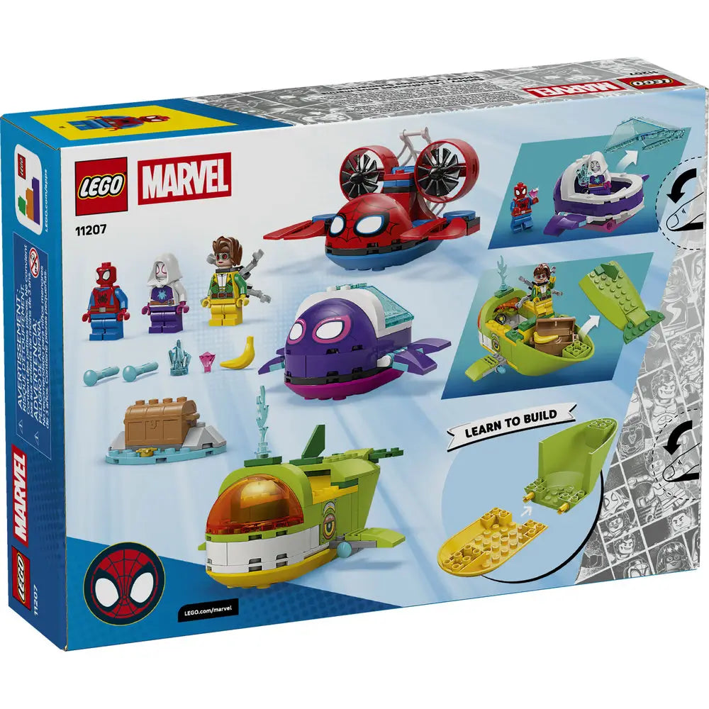 LEGO Marvel Spidey Underwater Vehicles package back shows build steps, characters, accessories, and alternate views on the box, explaining easy-build features and underwater play options for young builders.