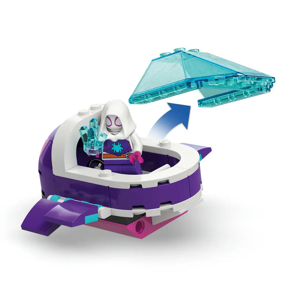 LEGO Marvel Spidey underwater vehicle close-up shows a purple plastic sub with curved fins, clear hinged canopy, and character cockpit, highlighting simple play features against a clean white studio background.