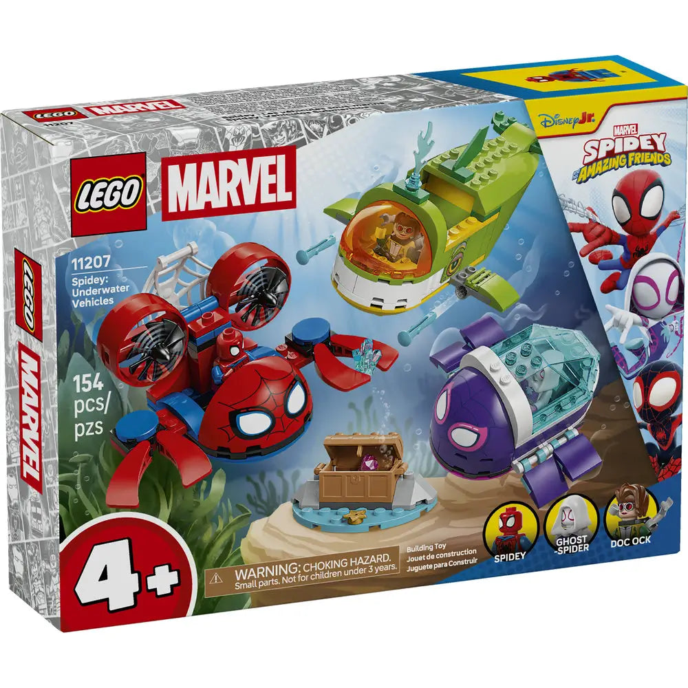LEGO Marvel Spidey Underwater Vehicles box shows a blue cardboard package featuring colorful submarine builds, characters, and accessories, presenting the preschool building set designed for ages four and up.
