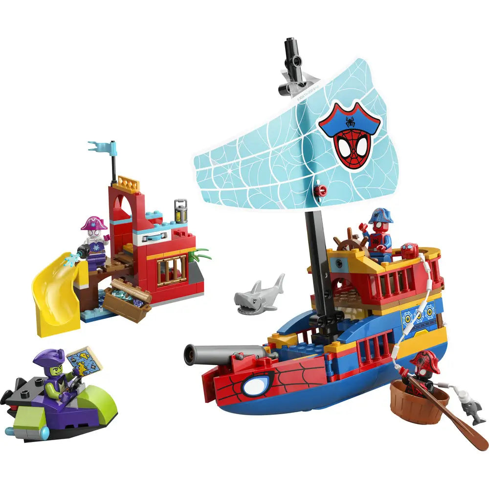 LEGO Marvel Spidey pirate ship playset features bright red, blue, yellow, and brown plastic bricks with smooth curved boat shapes, a web-pattern sail, figures, and accessories designed for imaginative superhero pirate play.