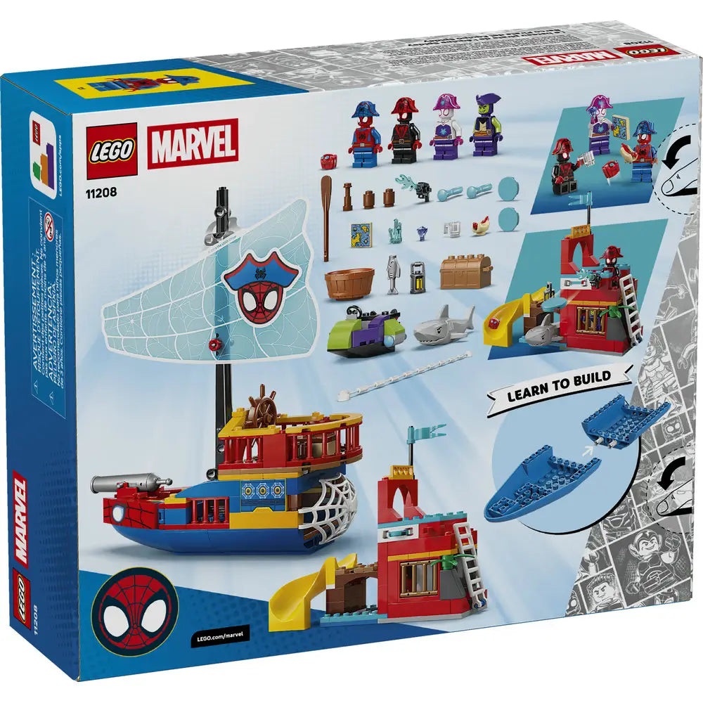 LEGO Marvel Team Spidey Pirate Ship package back shows the box with build steps, accessories, characters, and alternate views, explaining play features and easy-build elements for young builders.