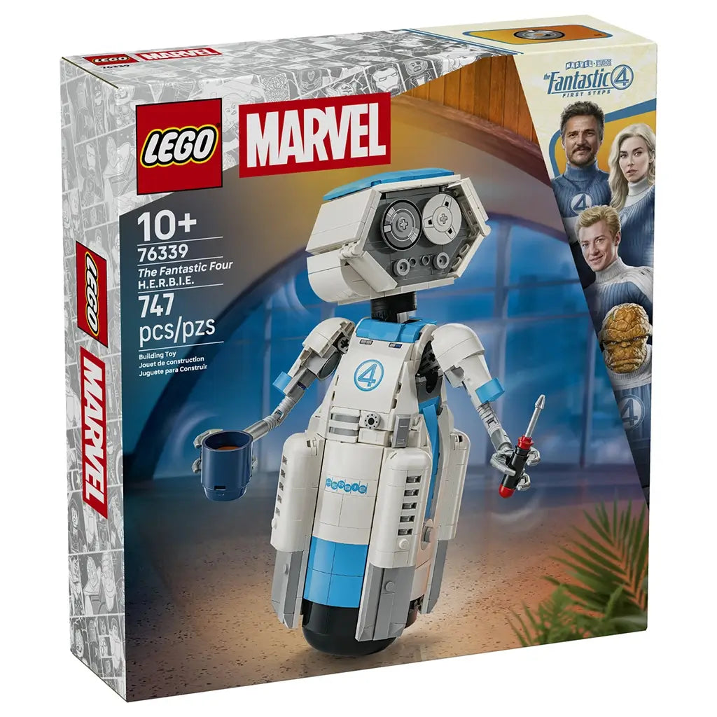 LEGO Marvel Fantastic Four H.E.R.B.I.E. set in white, blue and gray plastic bricks, pictured as the robot model on the 747-piece 76339 retail box with character artwork.