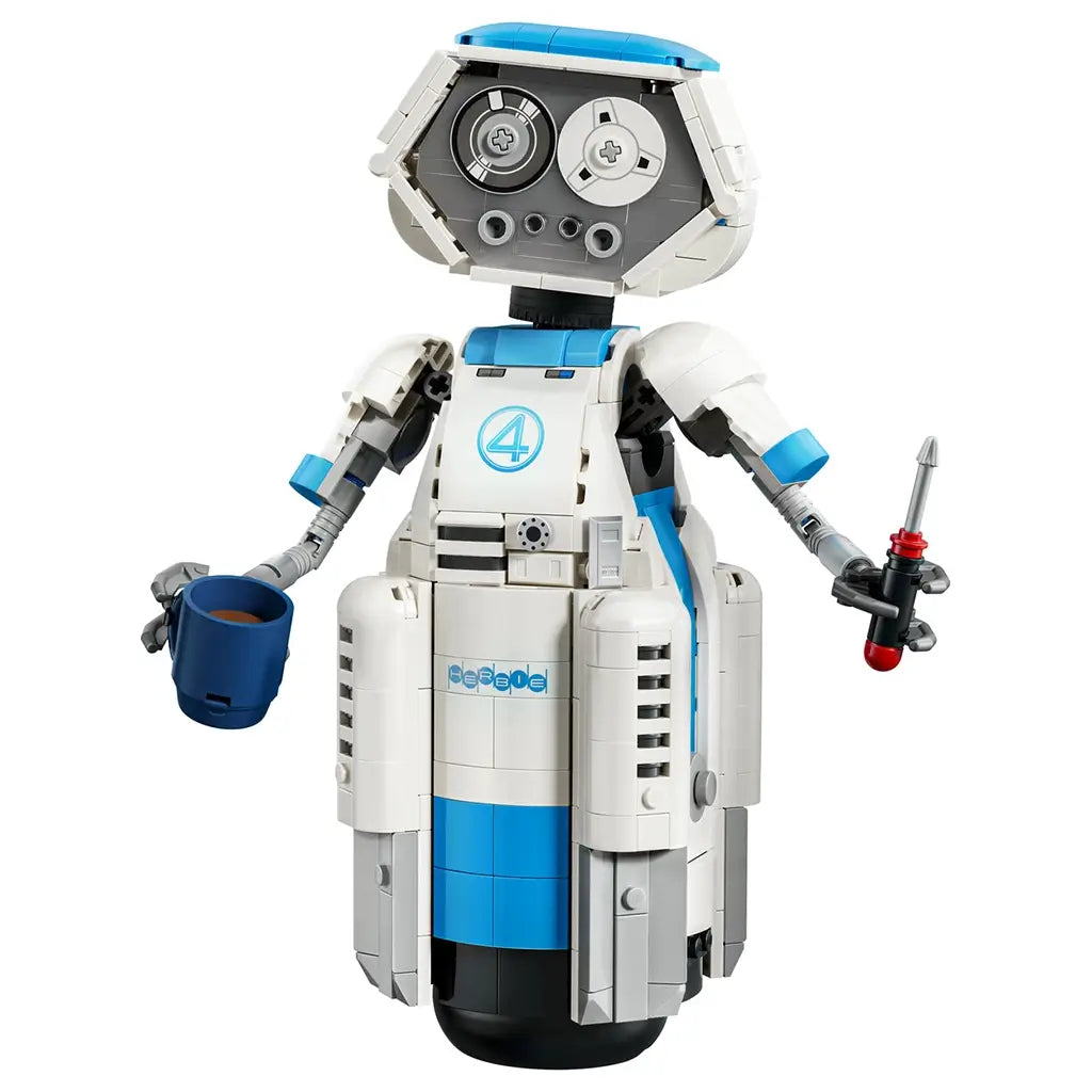LEGO Marvel H.E.R.B.I.E. robot in white, blue and gray plastic bricks, built with a rounded body, articulated arms, cup and tool accessories, shown on a white background.