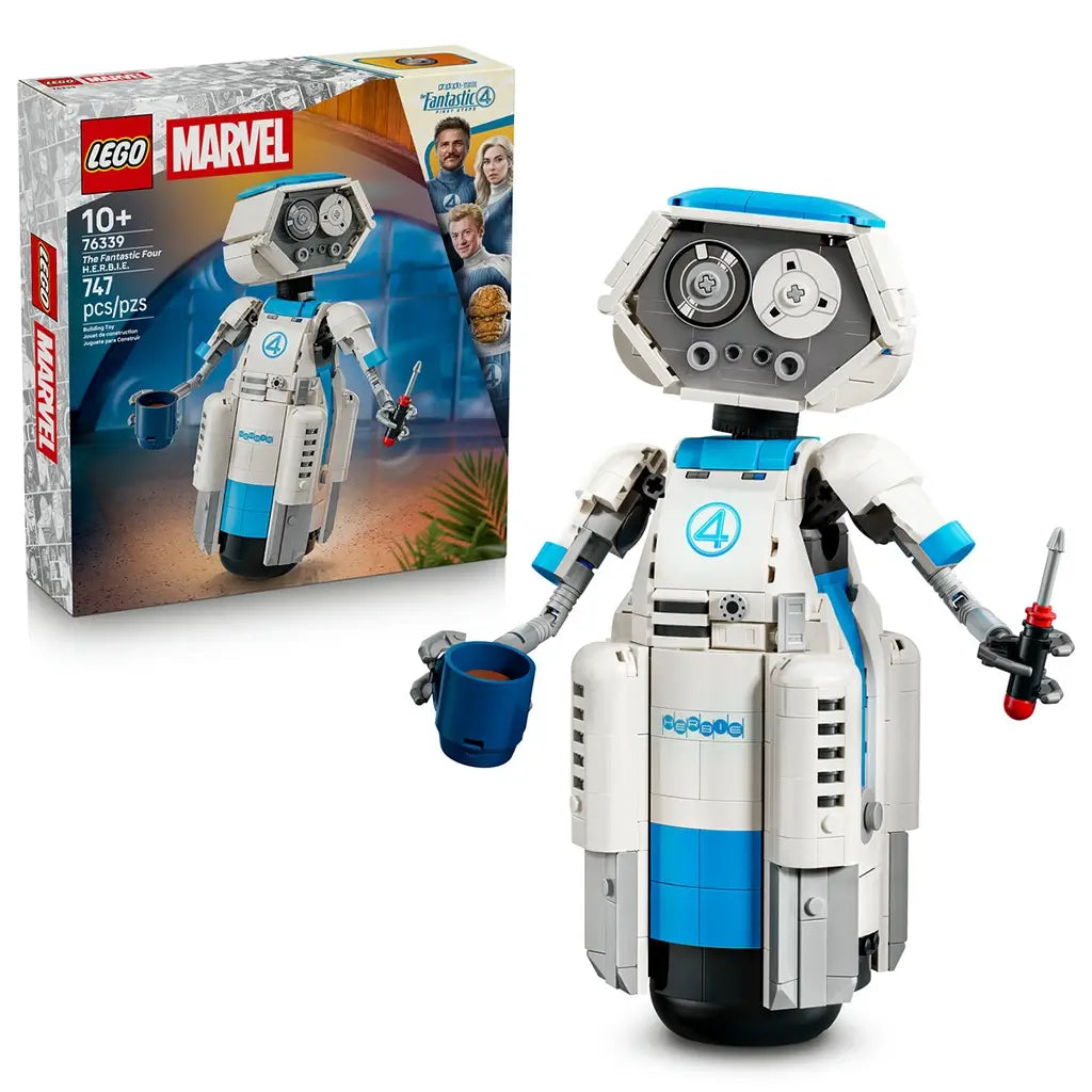 LEGO Marvel H.E.R.B.I.E. robot in white, blue and gray plastic bricks, holding a blue cup and tool beside the Fantastic Four 76339 retail box on a white background.