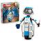 LEGO Marvel H.E.R.B.I.E. robot in white, blue and gray plastic bricks, holding a blue cup and tool beside the Fantastic Four 76339 retail box on a white background.