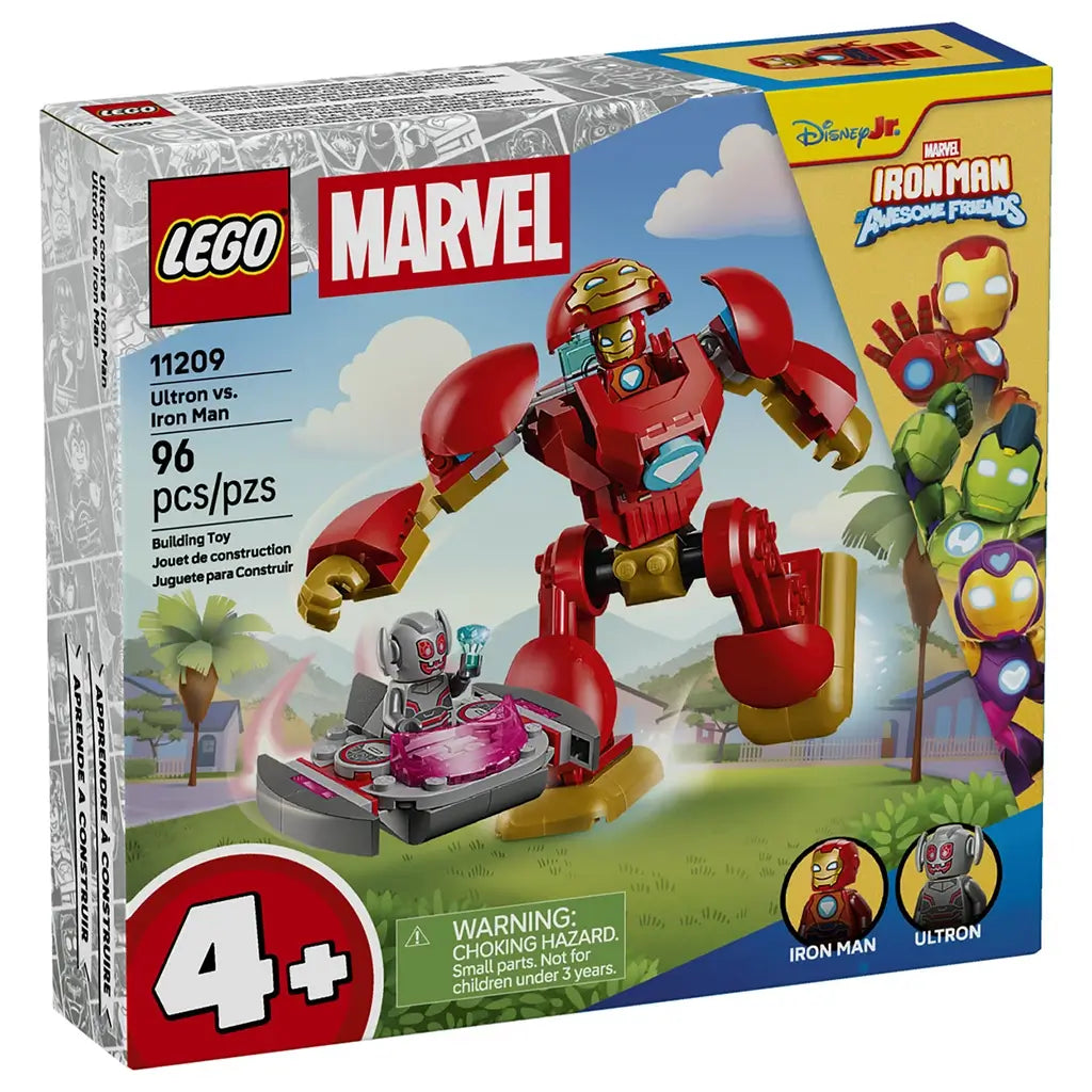 LEGO Marvel Ultron vs. Iron Man 11209 box shows the 96-piece red and gold Iron Man mech facing Ultron in a gray and pink flying craft, with an age 4+ marking.