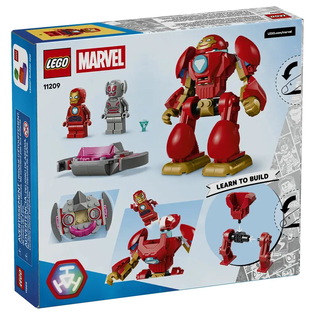 LEGO Marvel Ultron vs. Iron Man 11209 package back shows the red and gold mech, gray Ultron craft, two figures, blue gem, play features, and illustrated build steps.