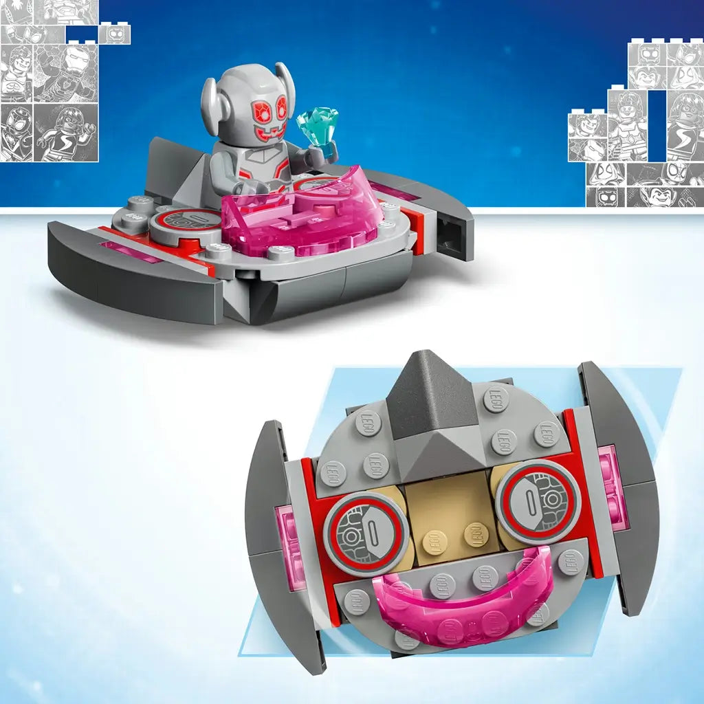 LEGO Marvel Ultron flying ship in gray, red, and translucent pink plastic carries an Ultron figure holding a blue gem, with a top and underside view on a blue background.