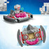 LEGO Marvel Ultron flying ship in gray, red, and translucent pink plastic carries an Ultron figure holding a blue gem, with a top and underside view on a blue background.