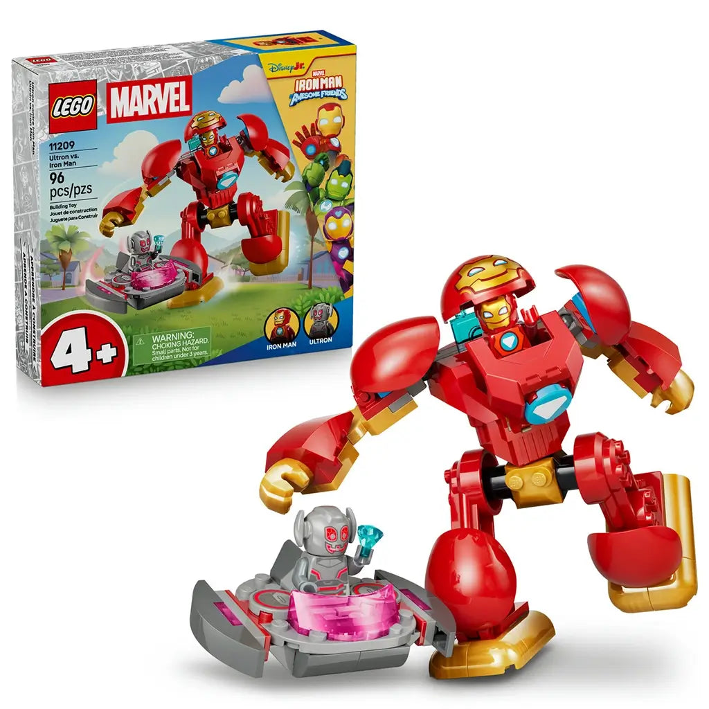 LEGO Marvel Ultron vs. Iron Man 11209 set in red, gold, gray, and pink plastic is shown beside its box with a large Iron Man mech and Ultron flying craft.