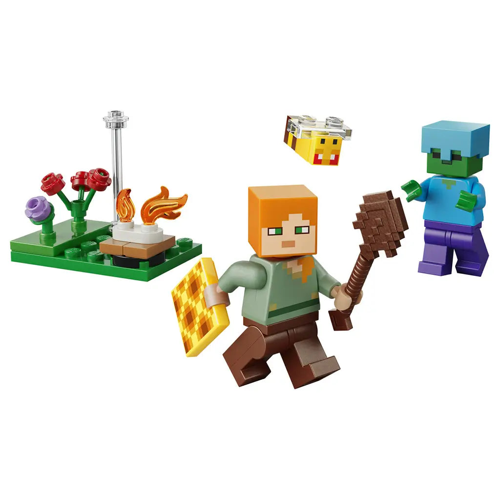 LEGO Minecraft Alex’s Campfire Conflict toy pieces showing blocky plastic bricks in green, brown, and orange, Alex minifigure with shield and tool, zombie figure, campfire build, flowers, and bee accessory on white.