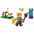 LEGO Minecraft Alex’s Campfire Conflict toy pieces showing blocky plastic bricks in green, brown, and orange, Alex minifigure with shield and tool, zombie figure, campfire build, flowers, and bee accessory on white.