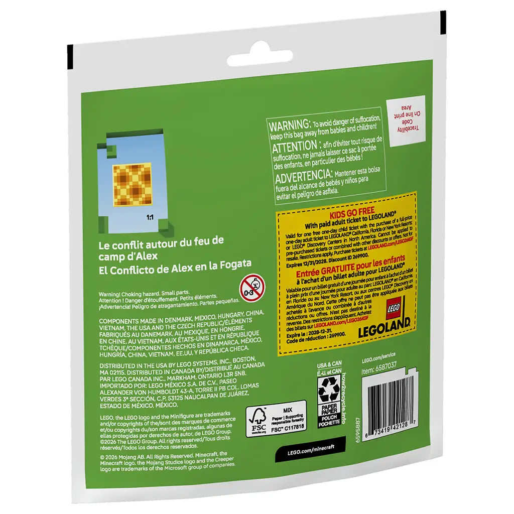 LEGO Minecraft building set package back showing green cardboard packaging, flat glossy print, safety warnings, multilingual product text, recycling icons, and promotional LEGOLAND offer details for Alex’s Campfire Conflict set.