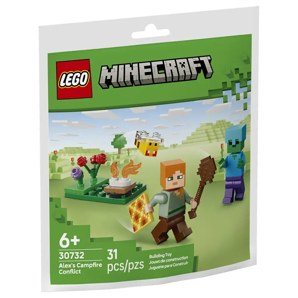 LEGO Minecraft Alex’s Campfire Conflict building set package front showing green pixel-style artwork, glossy cardboard pack, Alex minifigure, zombie, campfire scene, bee, age 6+ label, and 31-piece count.
