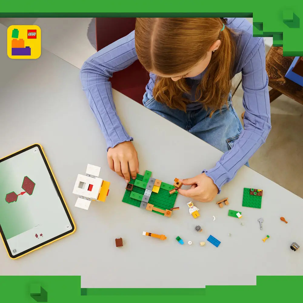 LEGO Minecraft Chicken Farm build featuring white textured plastic bricks forming a tall chicken with yellow legs and red accents, cubic block shape for creative play, arranged on a green base with figures and animals.