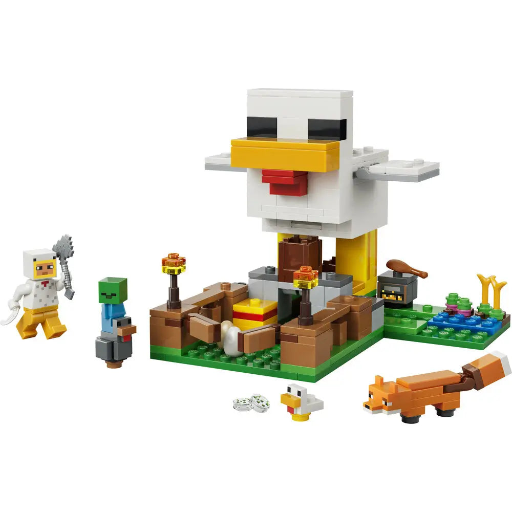 LEGO Minecraft Chicken Farm playset showing white plastic brick chicken with yellow beak and wings, blocky cubic form designed for interactive building and imaginative play, displayed on a grassy Minecraft-style farm base.