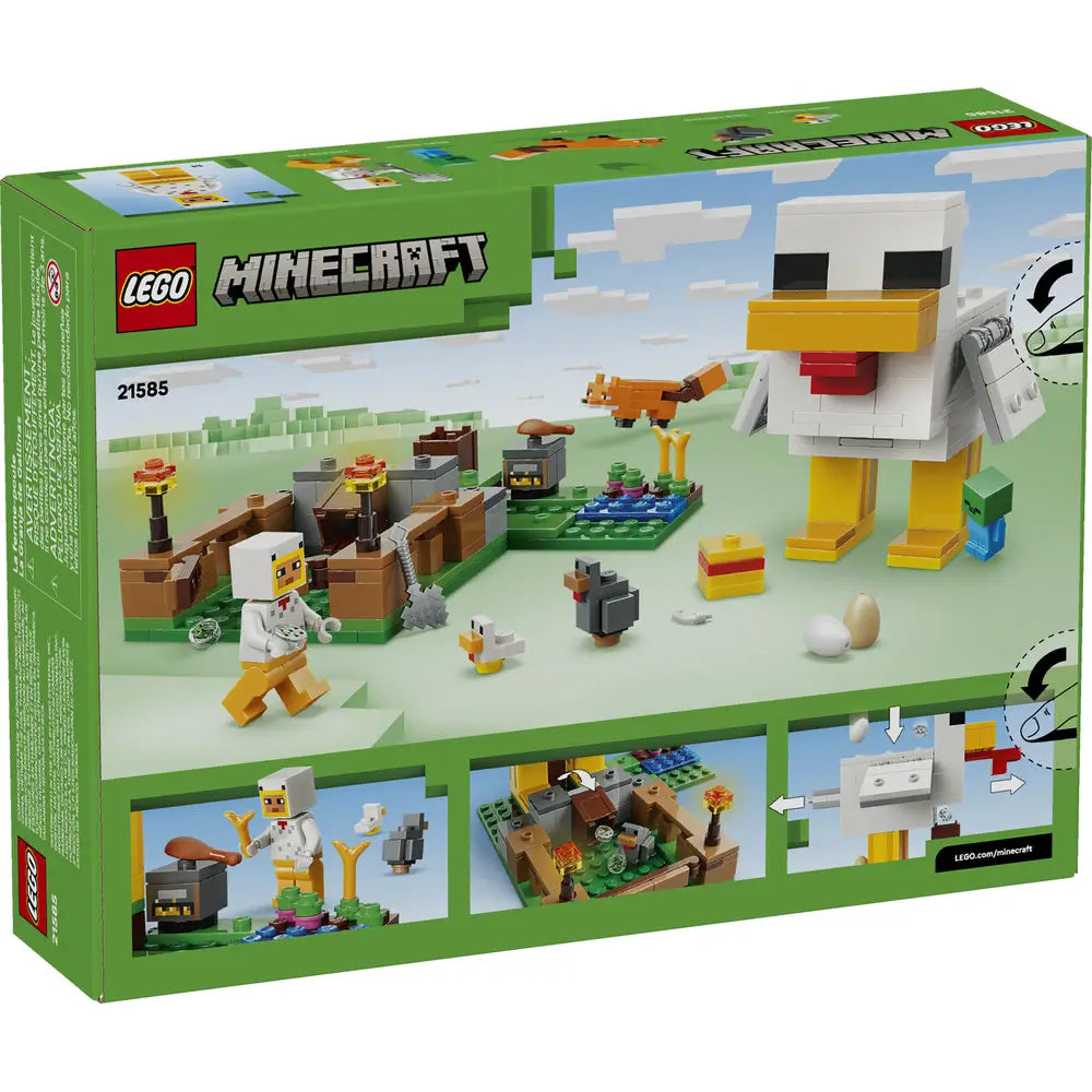 LEGO Minecraft Chicken Farm package back showing white and yellow brick chicken model, plastic block construction toy with modular parts, illustrated play features and instructions on a green Minecraft-themed box.