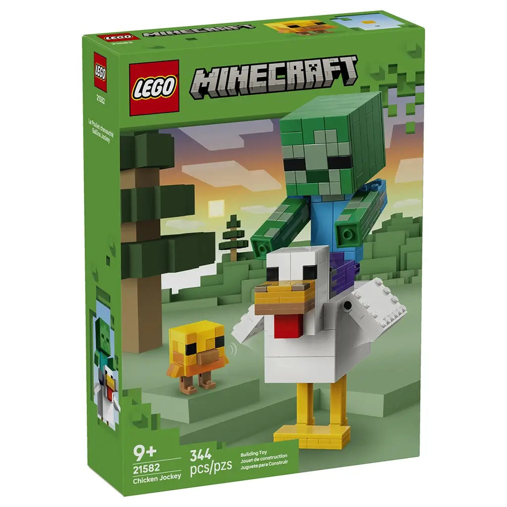 LEGO Minecraft Chicken Jockey set 21582 green box front shows a green zombie riding a white chicken beside a yellow chick, labeled 344 pieces and recommended for ages 9+.