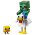 LEGO Minecraft Chicken Jockey figures feature a green zombie in blue and purple riding a large white chicken with yellow legs, beside a small yellow chick on white.