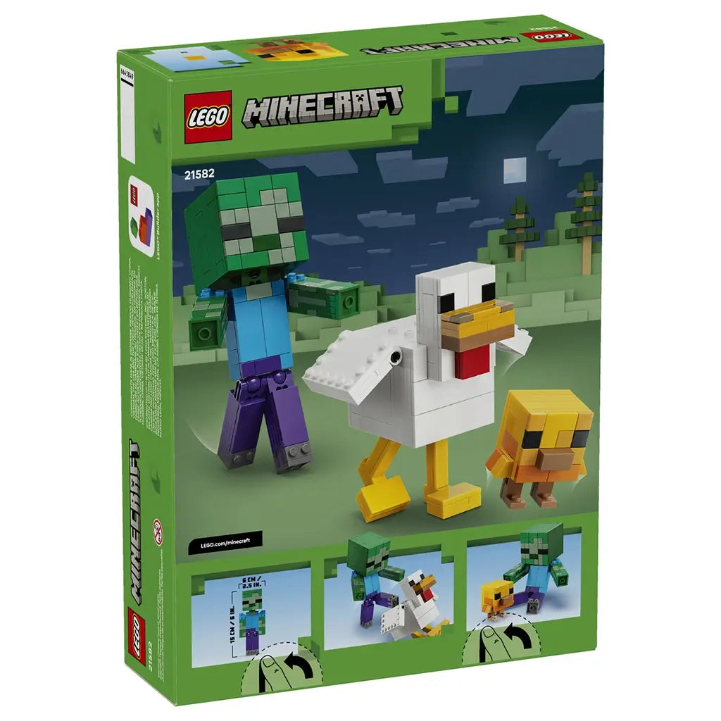 LEGO Minecraft Chicken Jockey set 21582 green box back shows the white chicken, yellow chick and green zombie, plus illustrated play features and movable figure details.