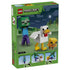 LEGO Minecraft Chicken Jockey set 21582 green box back shows the white chicken, yellow chick and green zombie, plus illustrated play features and movable figure details.