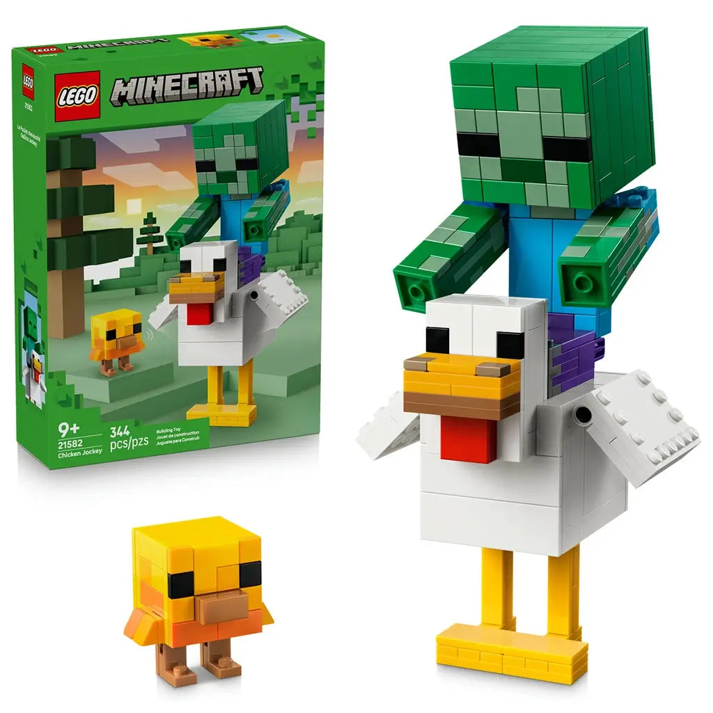 LEGO Minecraft Chicken Jockey set 21582 pairs its green box with a large green zombie riding a white chicken and a small yellow chick, displayed on a white background.