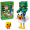LEGO Minecraft Chicken Jockey set 21582 pairs its green box with a large green zombie riding a white chicken and a small yellow chick, displayed on a white background.
