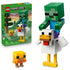 LEGO Minecraft Chicken Jockey set 21582 pairs its green box with a large green zombie riding a white chicken and a small yellow chick, displayed on a white background.