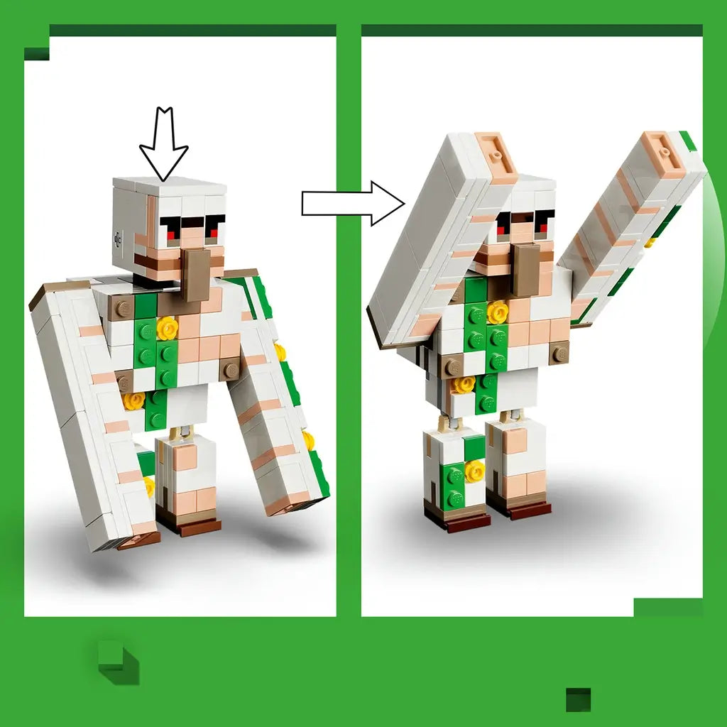 LEGO Minecraft Iron Golem play feature uses white, peach and green bricks, with arrows showing its blocky arms changing from lowered to raised positions on a green frame.