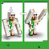 LEGO Minecraft Iron Golem play feature uses white, peach and green bricks, with arrows showing its blocky arms changing from lowered to raised positions on a green frame.