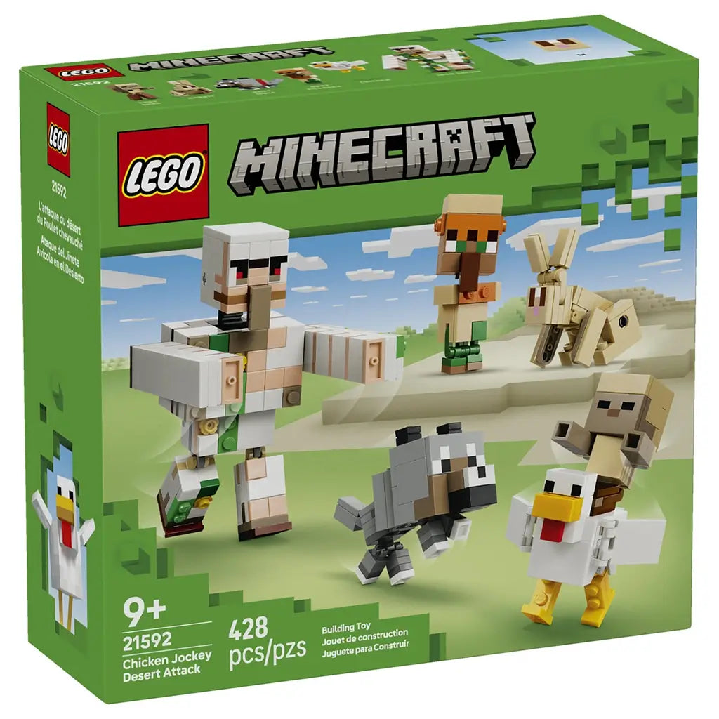 LEGO Minecraft Chicken Jockey Desert Attack set 21592 green box front shows an Iron Golem, villager, rabbit, wolf and chicken jockey, labeled 428 pieces for ages 9+.