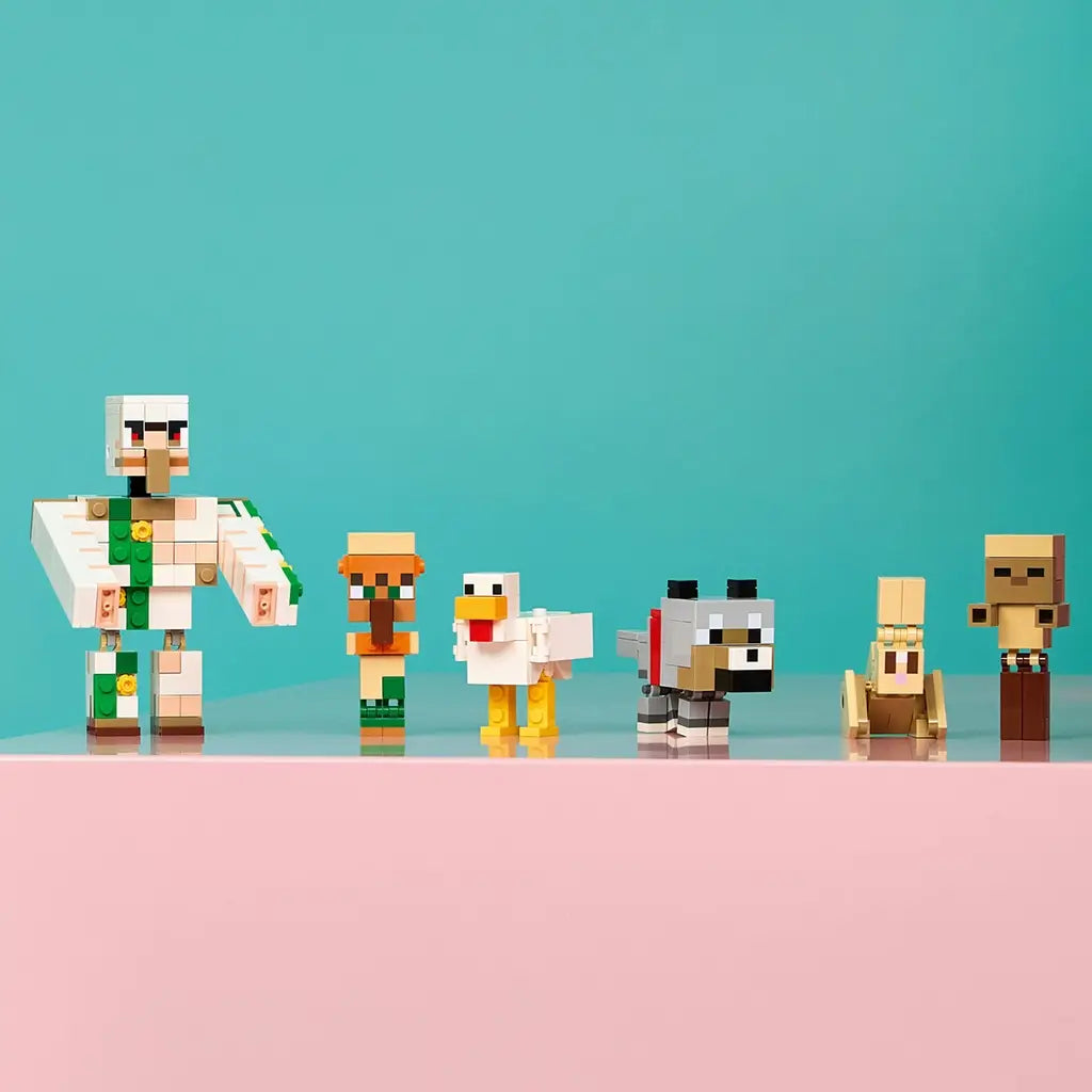 LEGO Minecraft Chicken Jockey Desert Attack figures feature a white Iron Golem, tan villager and rabbit, white chicken, gray wolf and tan baby zombie on a pink shelf.