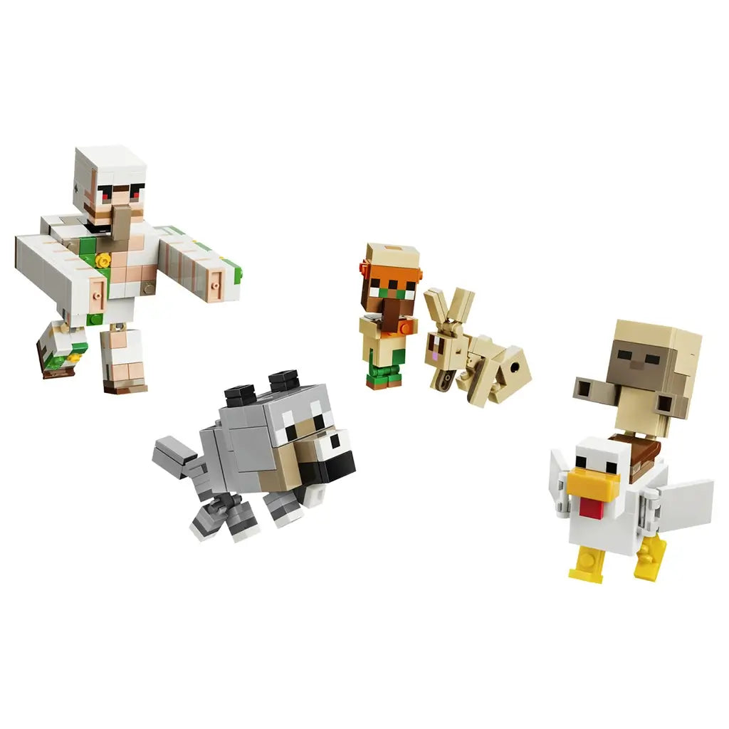 LEGO Minecraft Chicken Jockey Desert Attack figures use white, tan, gray and green bricks to form an Iron Golem, villager, rabbit, wolf and chicken jockey on white.