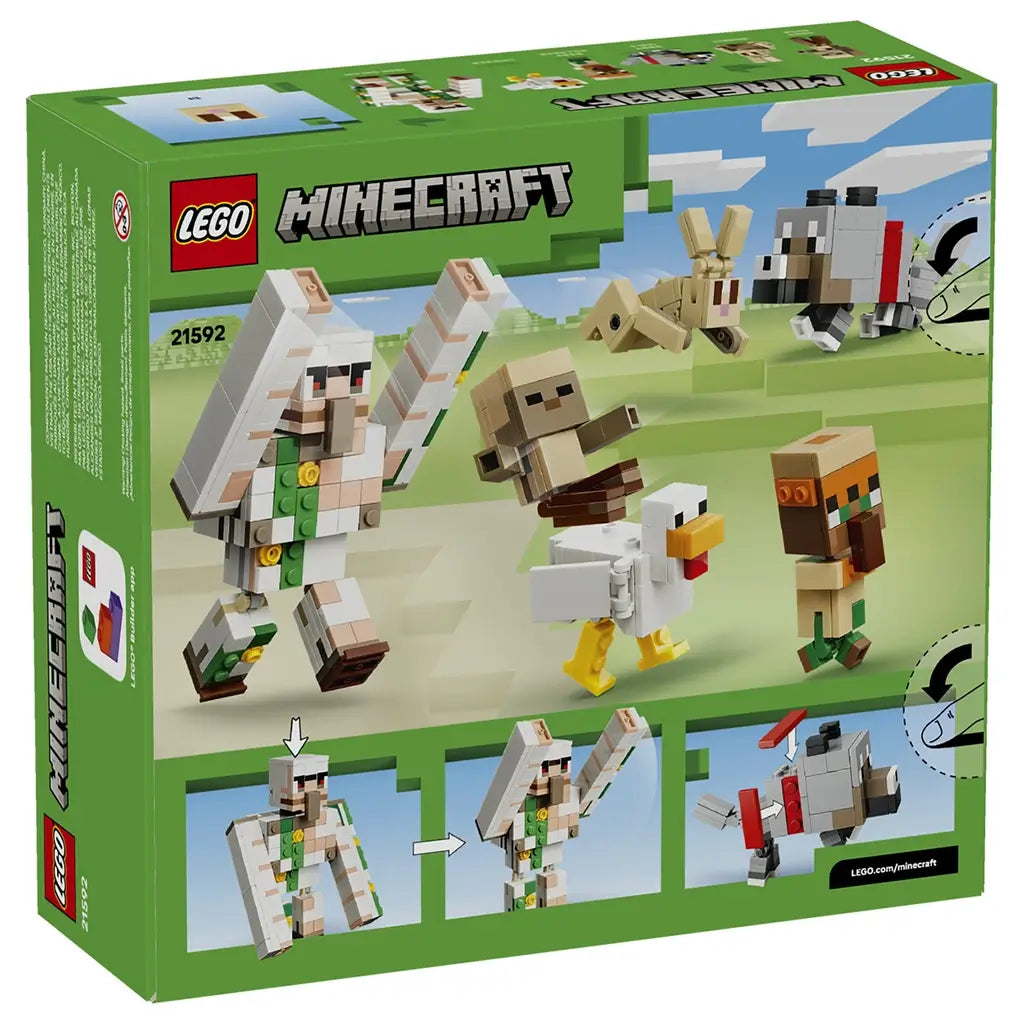 LEGO Minecraft Chicken Jockey Desert Attack set 21592 box back in green shows the Iron Golem with raised arms, villager, rabbit, wolf and chicken jockey play features.