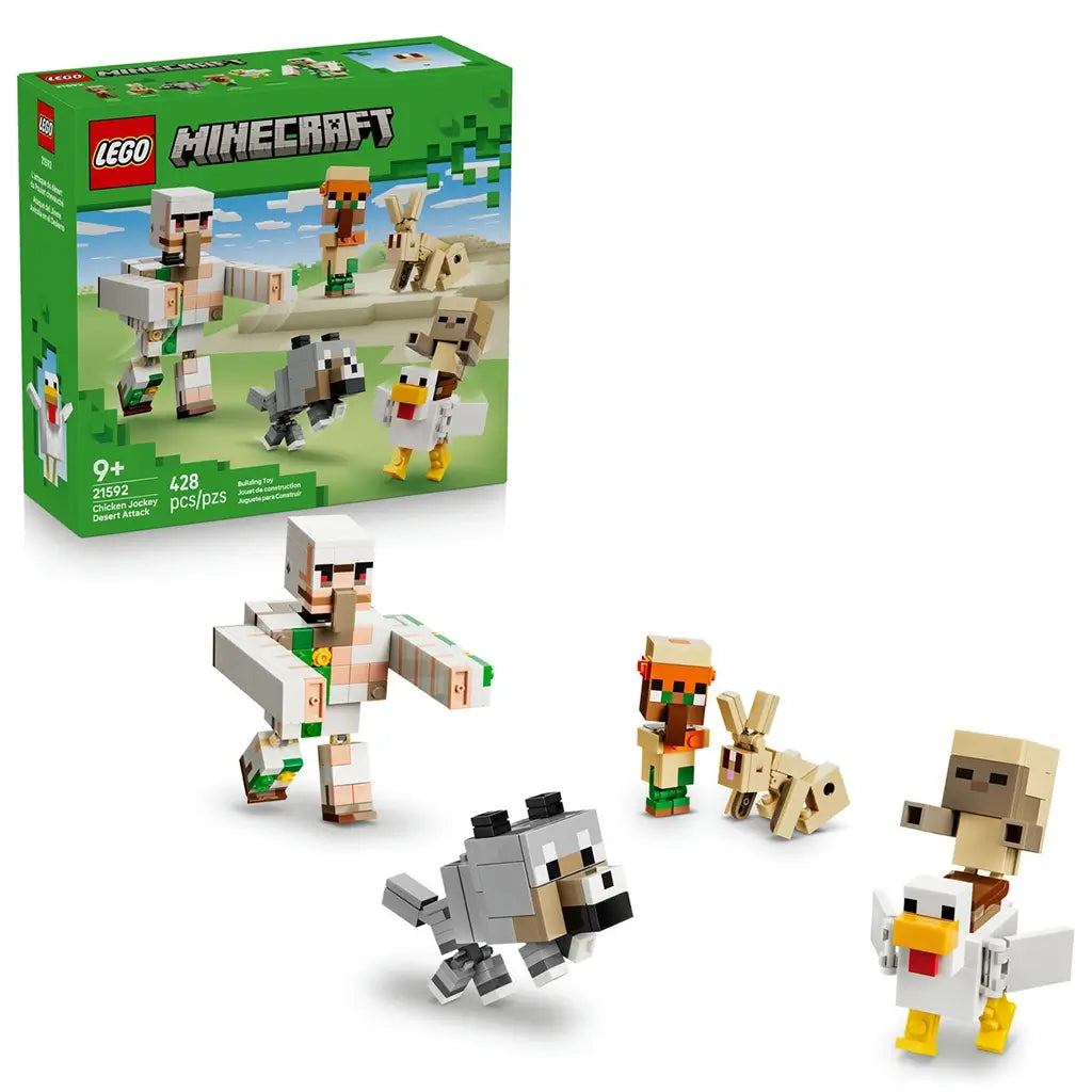LEGO Minecraft Chicken Jockey Desert Attack set 21592 pairs its green box with an Iron Golem, villager, rabbit, wolf and chicken jockey figures on a white background.